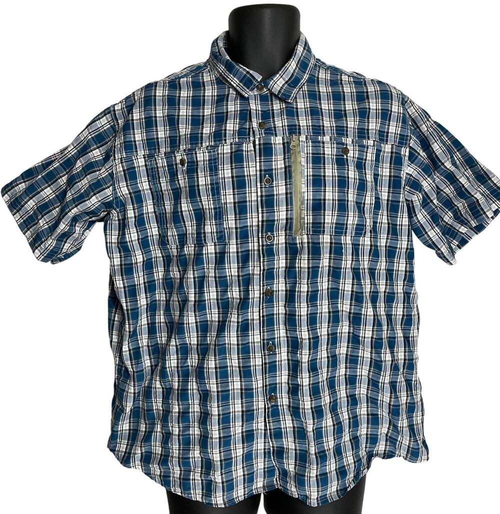 Haband Travelers Shirt Mens L Blue White Plaid Button Up Short Sleeves Cotton
